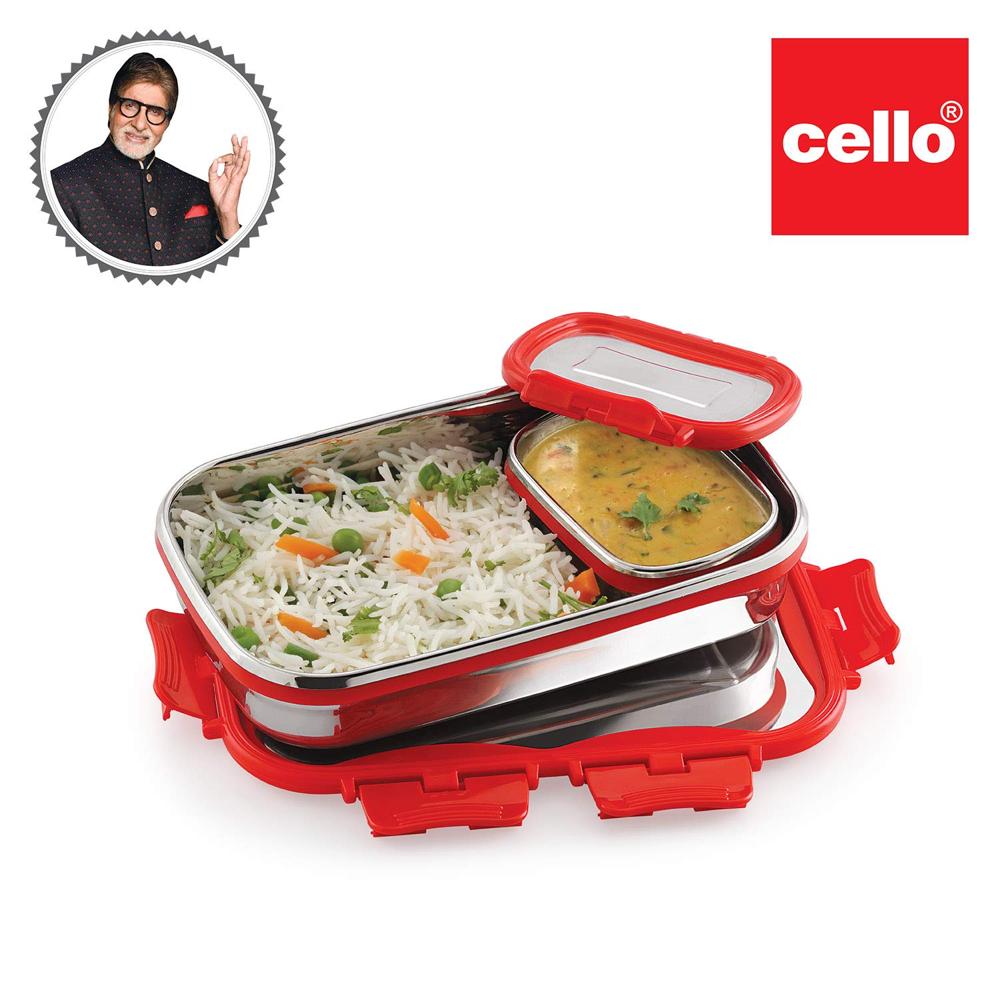 CELLO Click it Steel Insulated Lunch Box, Red | 2 Container Tiffin for Men & Women | Snacks Tiffin for Kids with Veg Box | Leak-Proof & Unbreakable Lid | Ideal for Office, School, College