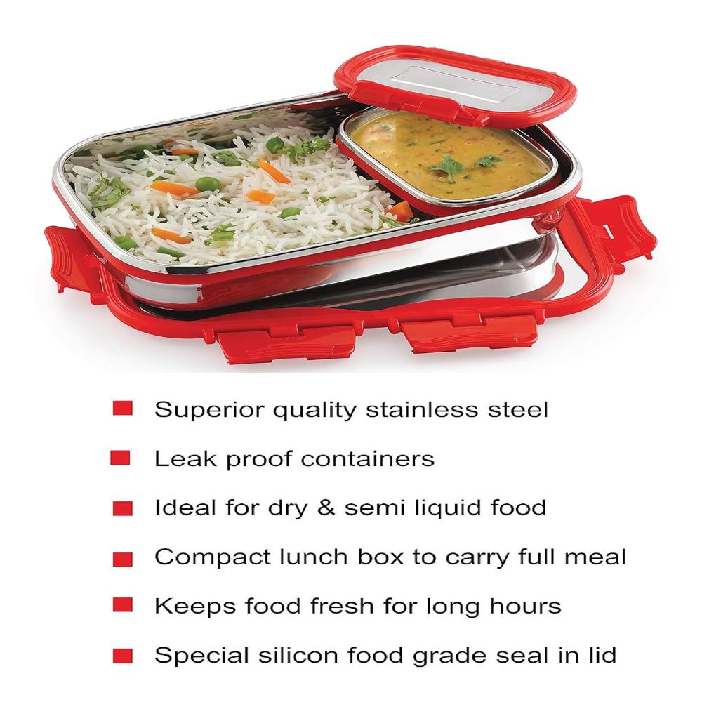CELLO Click it Steel Insulated Lunch Box, Red | 2 Container Tiffin for Men & Women | Snacks Tiffin for Kids with Veg Box | Leak-Proof & Unbreakable Lid | Ideal for Office, School, College Big 