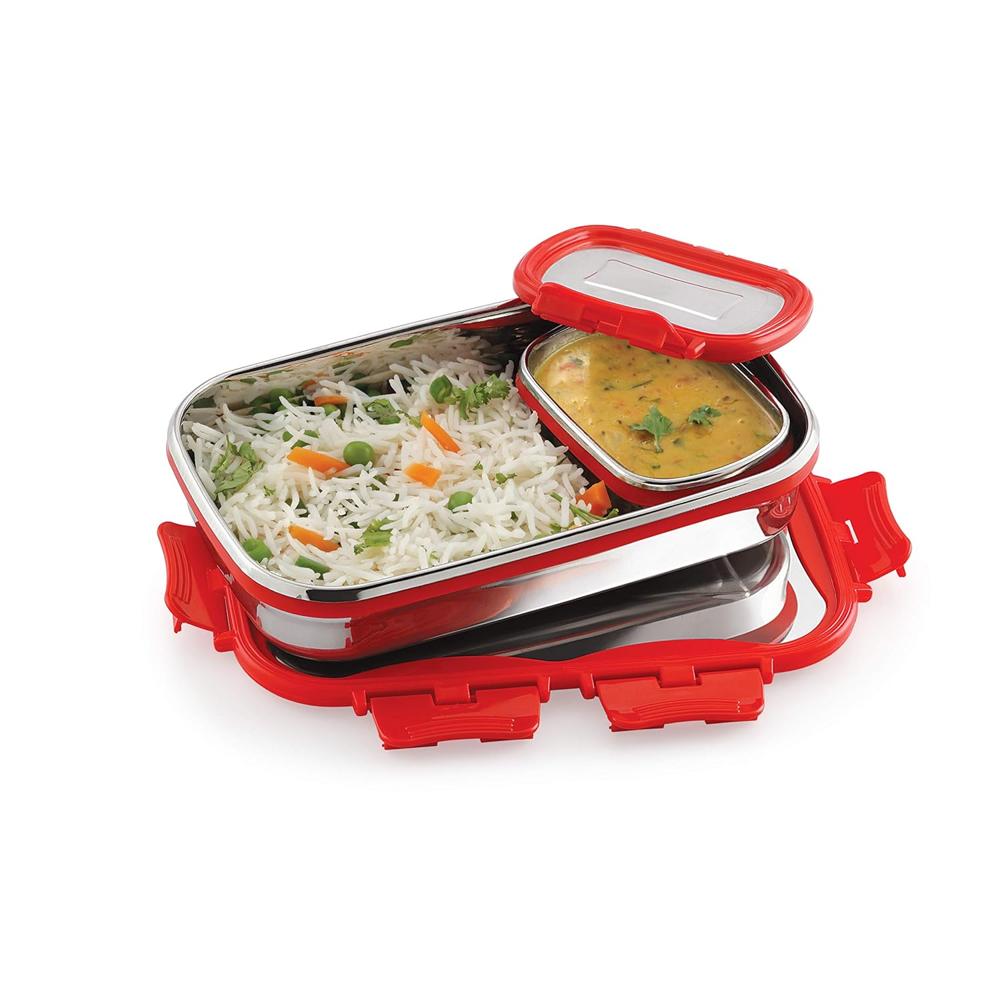 CELLO Click it Steel Insulated Lunch Box, Red | 2 Container Tiffin for Men & Women | Snacks Tiffin for Kids with Veg Box | Leak-Proof & Unbreakable Lid | Ideal for Office, School, College Big 