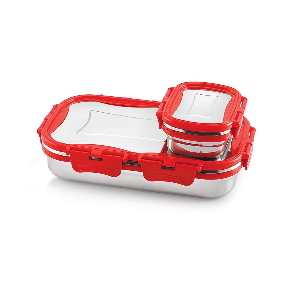 CELLO Click it Steel Insulated Lunch Box, Red | 2 Container Tiffin for Men & Women | Snacks Tiffin for Kids with Veg Box | Leak-Proof & Unbreakable Lid | Ideal for Office, School, College Big 