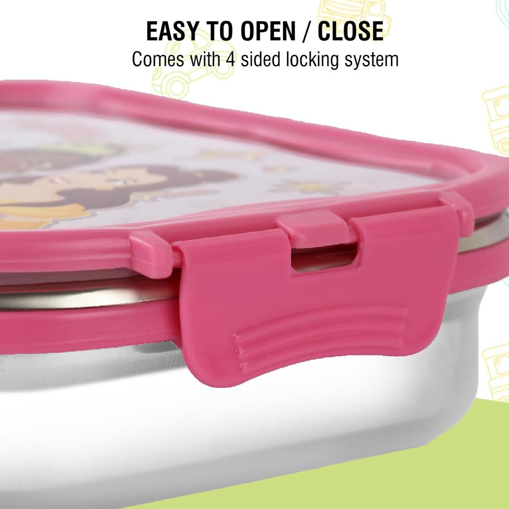 CELLO Click It Toons Medium Disney Princess Print Stainless Steel Set of 2 Lunch Box 915 ml, Pink | BPA Free, Lightweight, Airtight, Leak Proof Lunch Box for School Kids, Office, Picnic & Travelling