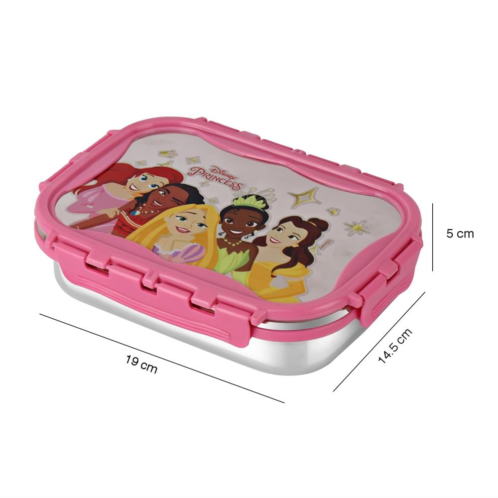 CELLO Click It Toons Medium Disney Princess Print Stainless Steel Set of 2 Lunch Box 915 ml, Pink | BPA Free, Lightweight, Airtight, Leak Proof Lunch Box for School Kids, Office, Picnic & Travelling
