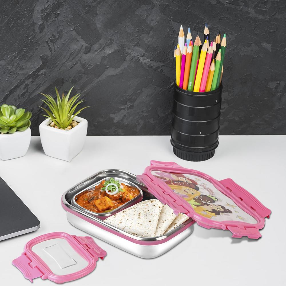 CELLO Click It Toons Medium Disney Princess Print Stainless Steel Set of 2 Lunch Box 915 ml, Pink | BPA Free, Lightweight, Airtight, Leak Proof Lunch Box for School Kids, Office, Picnic & Travelling