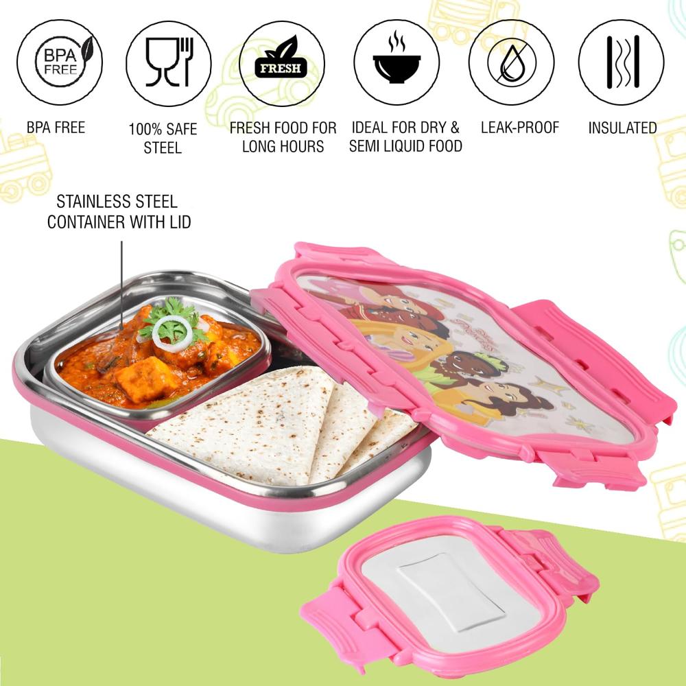 CELLO Click It Toons Medium Disney Princess Print Stainless Steel Set of 2 Lunch Box 915 ml, Pink | BPA Free, Lightweight, Airtight, Leak Proof Lunch Box for School Kids, Office, Picnic & Travelling