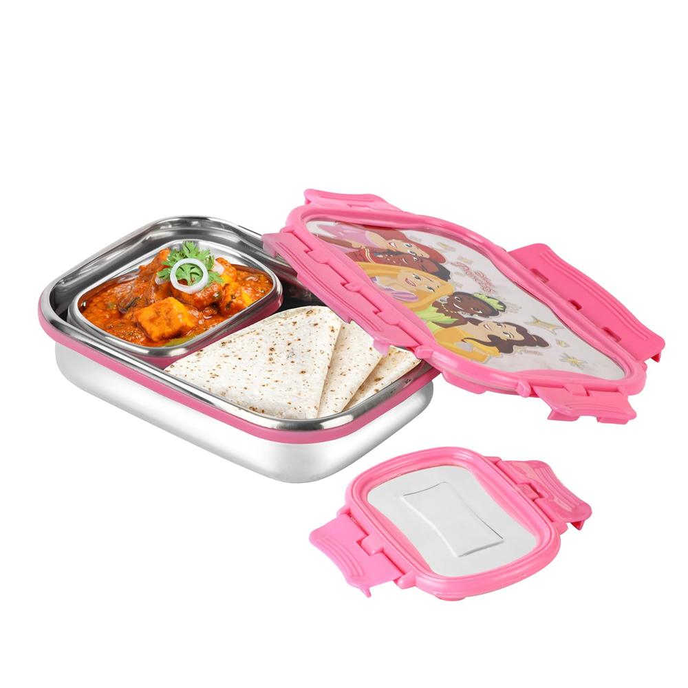 CELLO Click It Toons Big Disney Princess Lunch Box, 1024ml, Pink | 100% Food Grade | Leak Proof and Break Resistant | 2 Containers Lunch Box