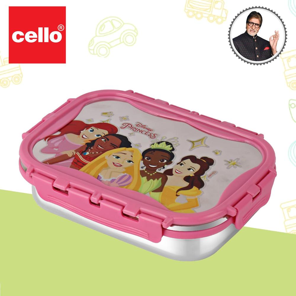 CELLO Click It Toons Big Disney Princess Lunch Box, 1024ml, Pink | 100% Food Grade | Leak Proof and Break Resistant | 2 Containers Lunch Box