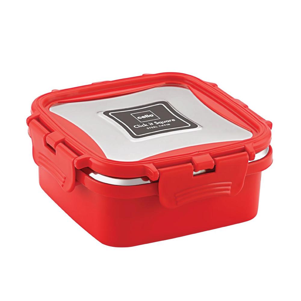 CELLO Thermo Click Small Stainless Steel Lunch Box Container 330ml For Daily & Office Use Red | Leakproof Airtight Clip Lock Namkeen Snacks Stainless Steel Tiffin Box For School Kids College & Travel