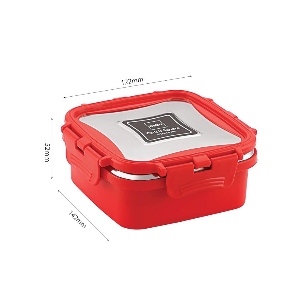 CELLO Thermo Click Small Stainless Steel Lunch Box Container 330ml For Daily & Office Use Red | Leakproof Airtight Clip Lock Namkeen Snacks Stainless Steel Tiffin Box For School Kids College & Travel