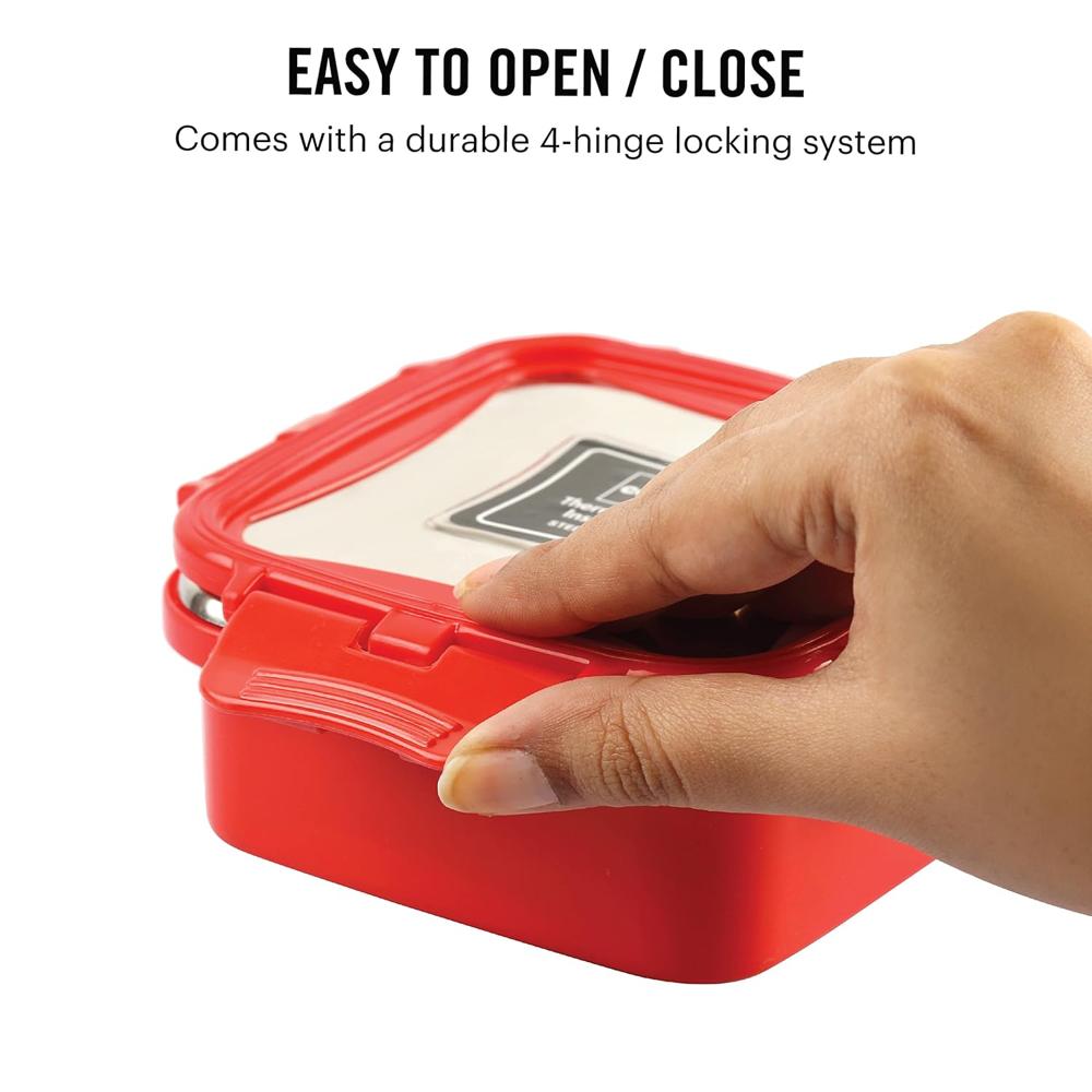 CELLO Thermo Click Small Stainless Steel Lunch Box Container 330ml For Daily & Office Use Red | Leakproof Airtight Clip Lock Namkeen Snacks Stainless Steel Tiffin Box For School Kids College & Travel