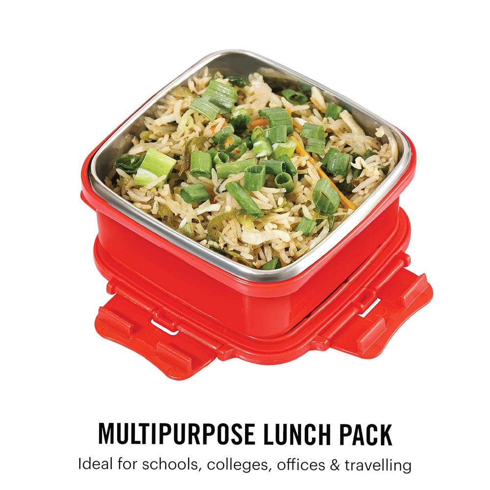 CELLO Thermo Click Small Stainless Steel Lunch Box Container 330ml For Daily & Office Use Red | Leakproof Airtight Clip Lock Namkeen Snacks Stainless Steel Tiffin Box For School Kids College & Travel