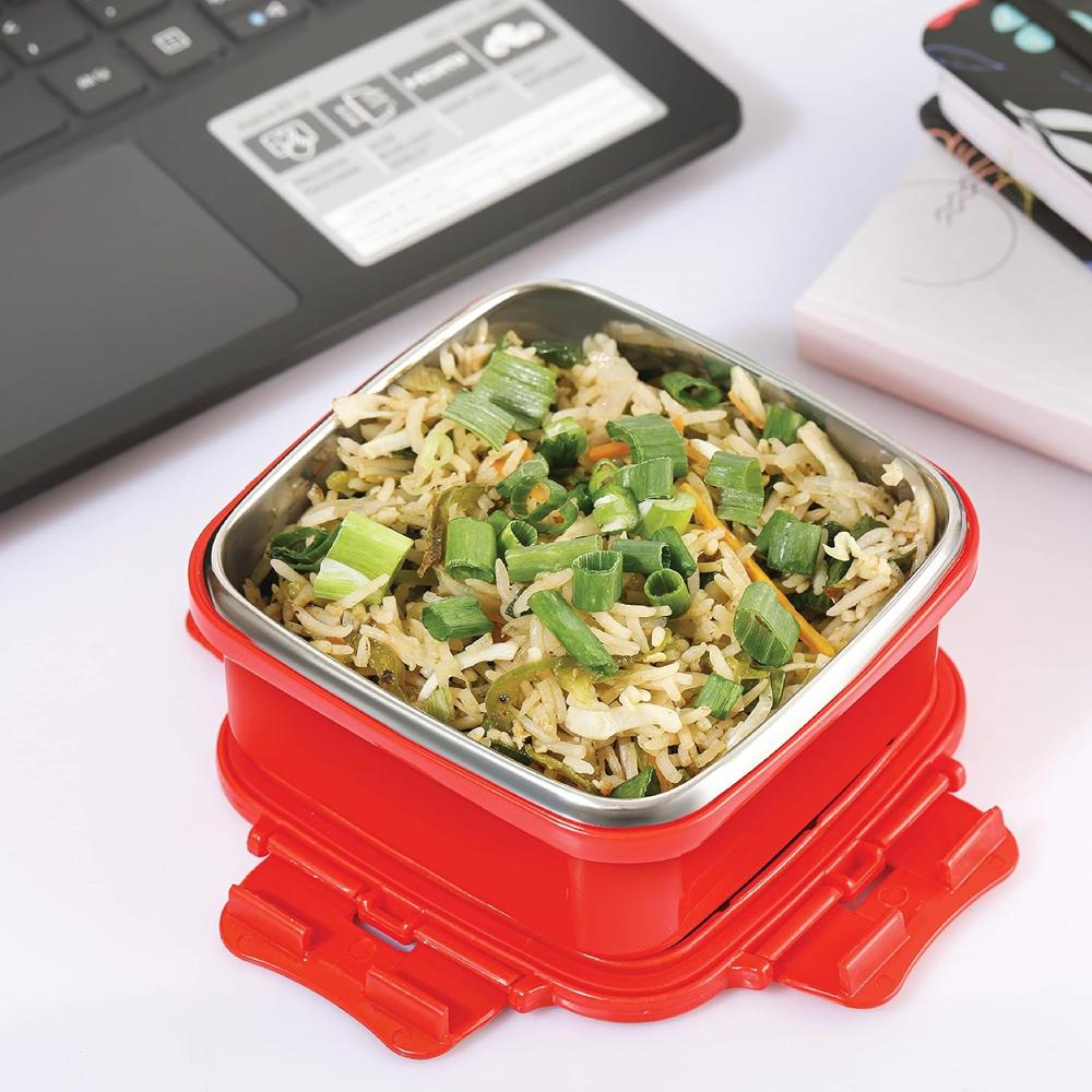 CELLO Thermo Click Small Stainless Steel Lunch Box Container 330ml For Daily & Office Use Red | Leakproof Airtight Clip Lock Namkeen Snacks Stainless Steel Tiffin Box For School Kids College & Travel