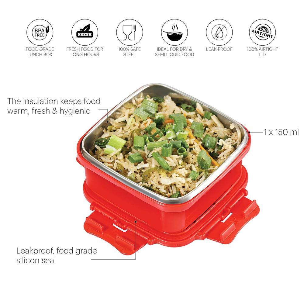CELLO Thermo Click Small Stainless Steel Lunch Box Container 330ml For Daily & Office Use Red | Leakproof Airtight Clip Lock Namkeen Snacks Stainless Steel Tiffin Box For School Kids College & Travel