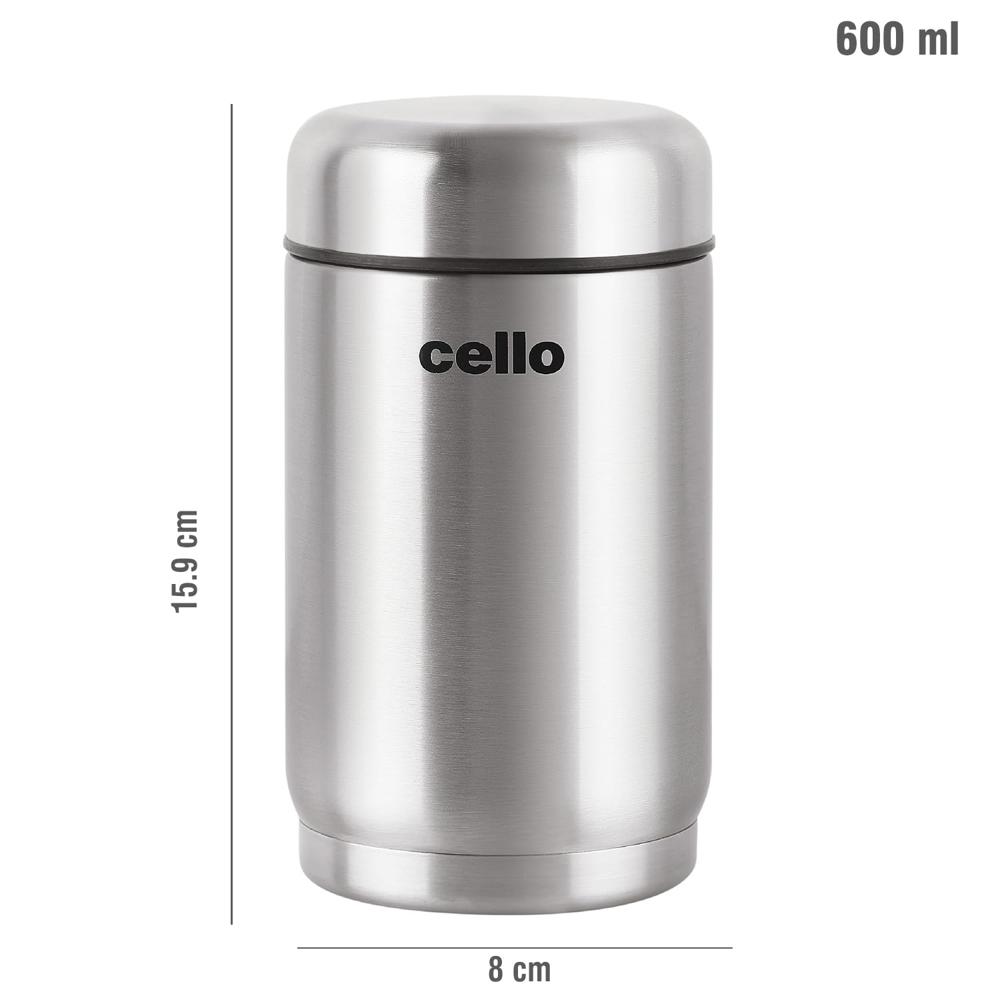 Cello Supee Vacuum Insulated Flask 600ml, Silver | Double Walled | Keeps Food Hot & Cold for Long Hours | Thermos with Airtight Screw Lid | Leakproof Soup Jar Thermos for Office, College & Travelling
