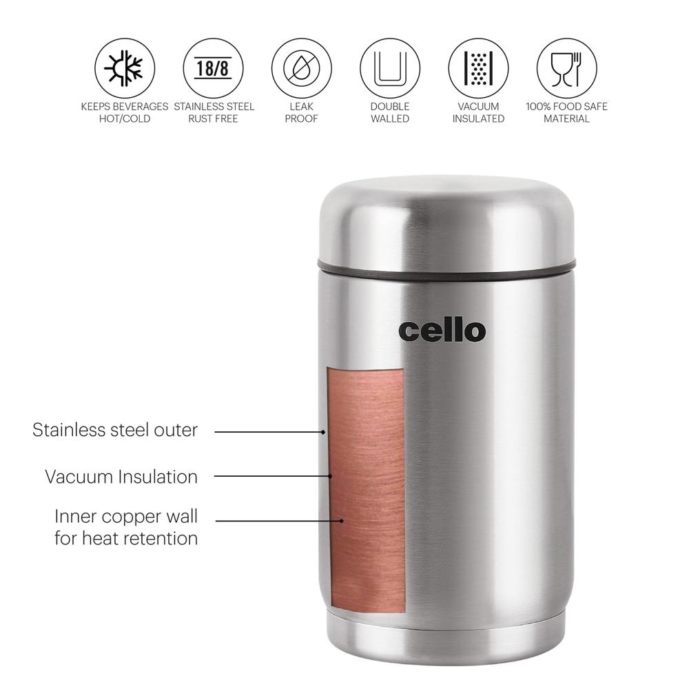 Cello Supee Vacuum Insulated Flask 600ml, Silver | Double Walled | Keeps Food Hot & Cold for Long Hours | Thermos with Airtight Screw Lid | Leakproof Soup Jar Thermos for Office, College & Travelling