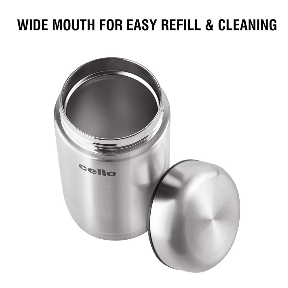 Cello Supee Vacuum Insulated Flask 600ml, Silver | Double Walled | Keeps Food Hot & Cold for Long Hours | Thermos with Airtight Screw Lid | Leakproof Soup Jar Thermos for Office, College & Travelling