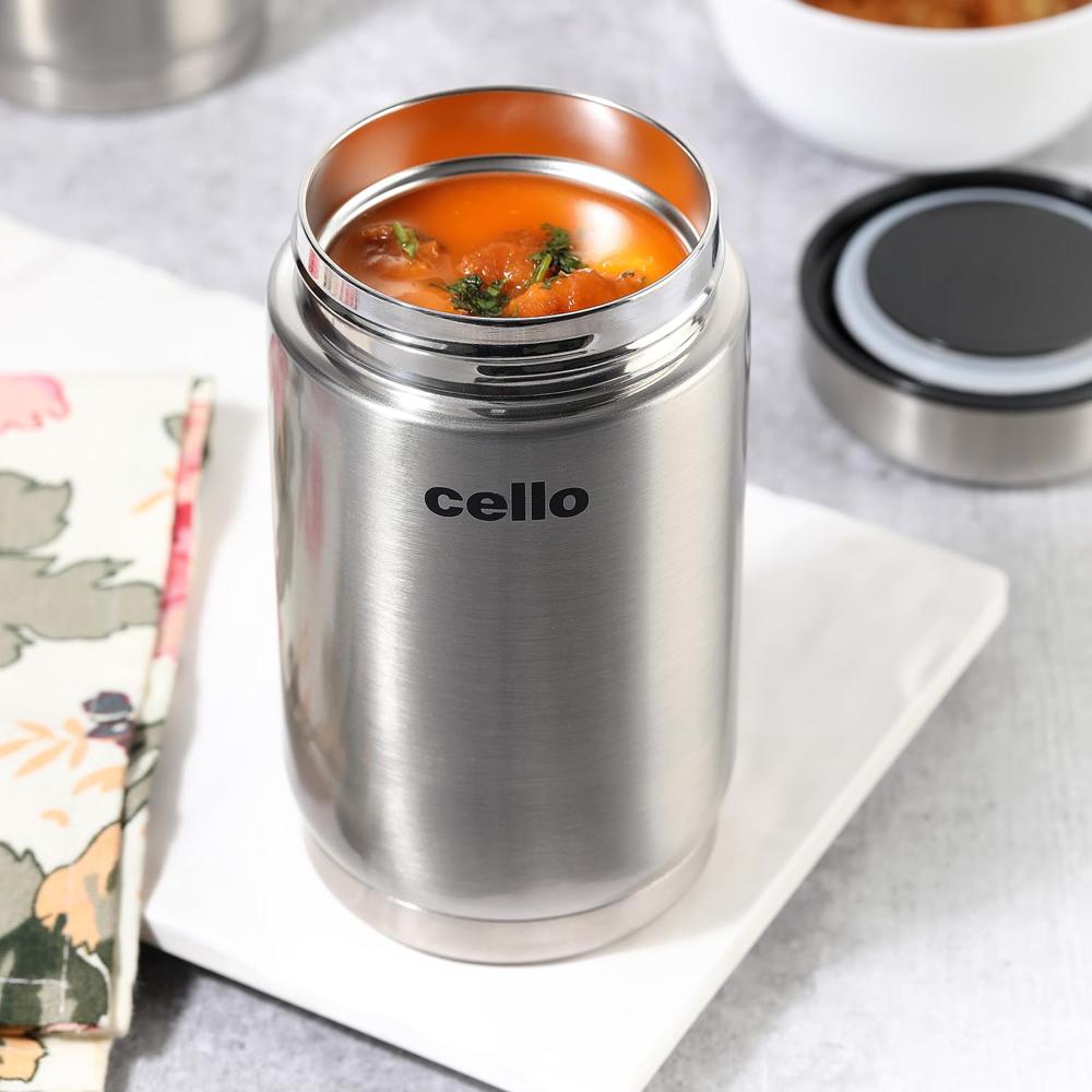 Cello Supee Vacuum Insulated Flask 600ml, Silver | Double Walled | Keeps Food Hot & Cold for Long Hours | Thermos with Airtight Screw Lid | Leakproof Soup Jar Thermos for Office, College & Travelling