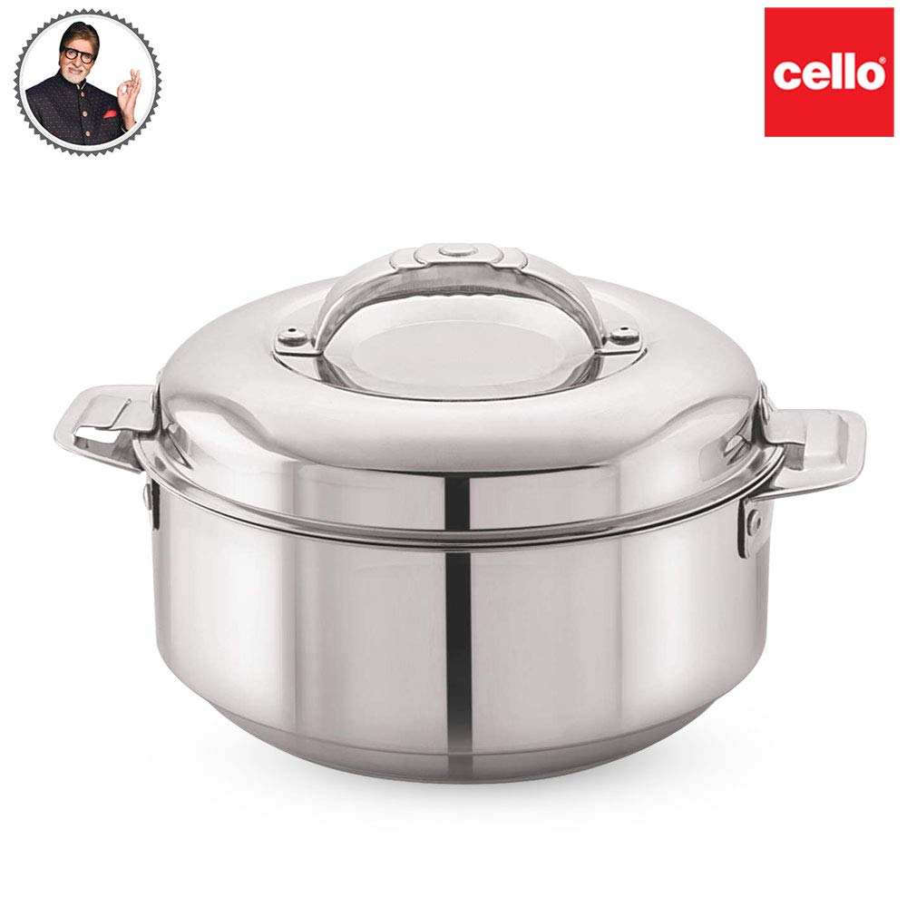 Cello Maxima Insulated Stainless Steel Casserole Hot Pot Box Case 2000 ml Silver | Double Wall PU Insulated Airtight Serving Casserole Hot Pot Case For Rice, Biryani | Hot Pot Roti Case For Kitchen