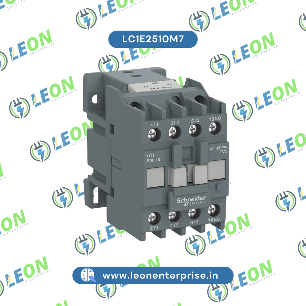 Schneider Electric Easy TeSys LC1E Power Contactor एक 25 A, 3 पोल वाला डिवाइस है, जो 220 V AC पर काम करता है, इसमें 1 NO कॉन्टैक्टर शामिल है और यह AC3 ड्यूटी के लिए उपयुक्त है | LC1E2510M7