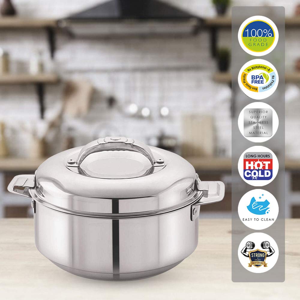 Cello Maxima Insulated Stainless Steel Casserole Hot Pot Box Case 3200 ml Silver | Double Wall PU Insulated Airtight Serving Casserole Hot Pot Case For Rice, Biryani | Hot Pot Roti Case For Kitchen