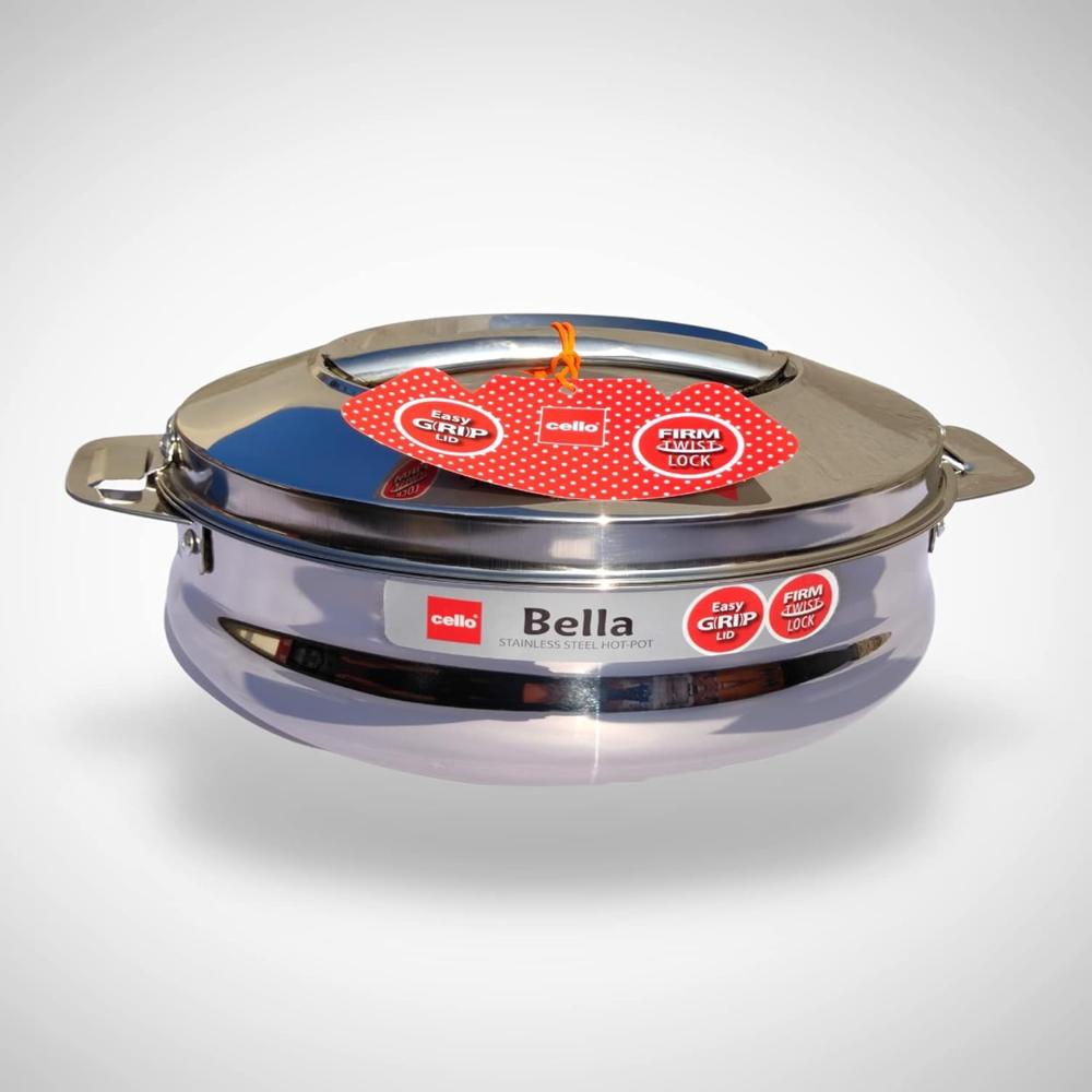 CELLO Bella 1500 Insulated Stainless Steel Casserole Hot Pot Box for Daily Use 1500 ml Silver | Keeps Food Hot & Warms for Long Hours, Food Grade Double Wall PU Insulated Roti Rice Hot Pot Casserole