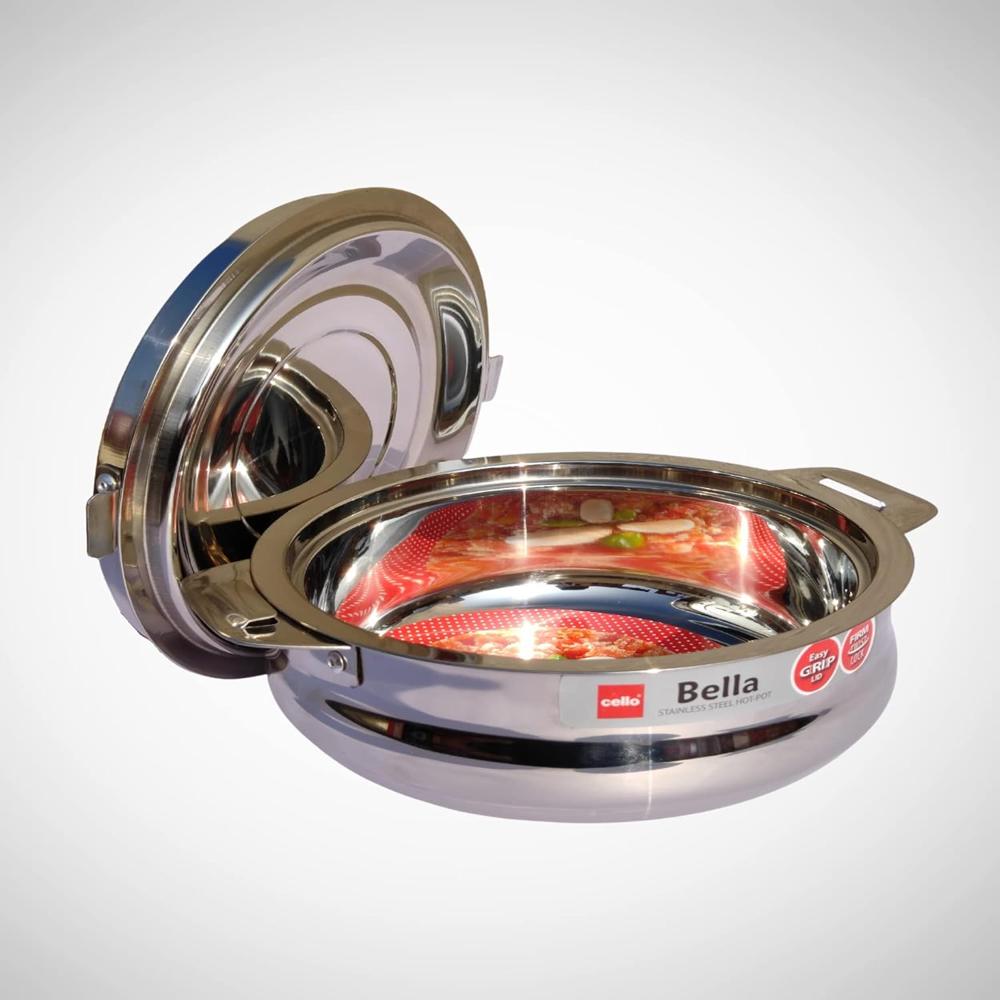 CELLO Bella 1500 Insulated Stainless Steel Casserole Hot Pot Box for Daily Use 1500 ml Silver | Keeps Food Hot & Warms for Long Hours, Food Grade Double Wall PU Insulated Roti Rice Hot Pot Casserole