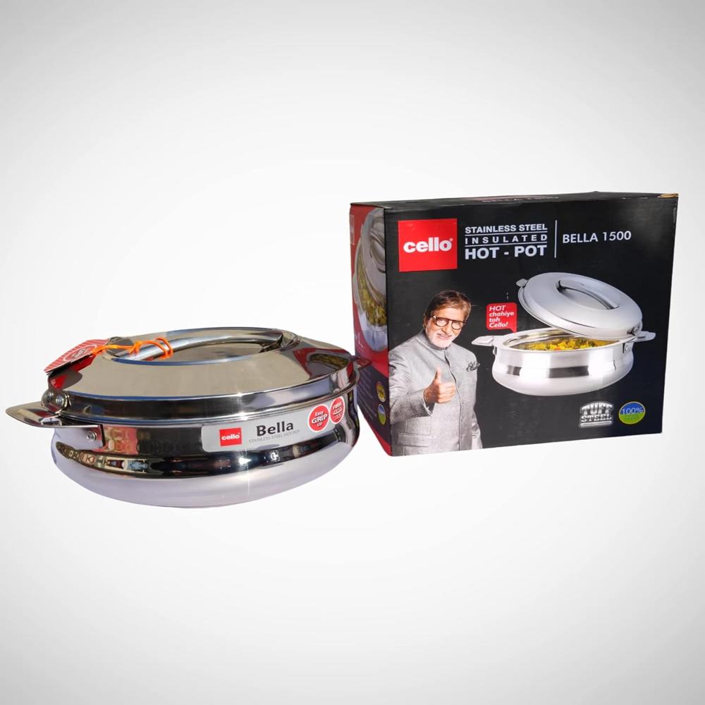 CELLO Bella 1500 Insulated Stainless Steel Casserole Hot Pot Box for Daily Use 1500 ml Silver | Keeps Food Hot & Warms for Long Hours, Food Grade Double Wall PU Insulated Roti Rice Hot Pot Casserole