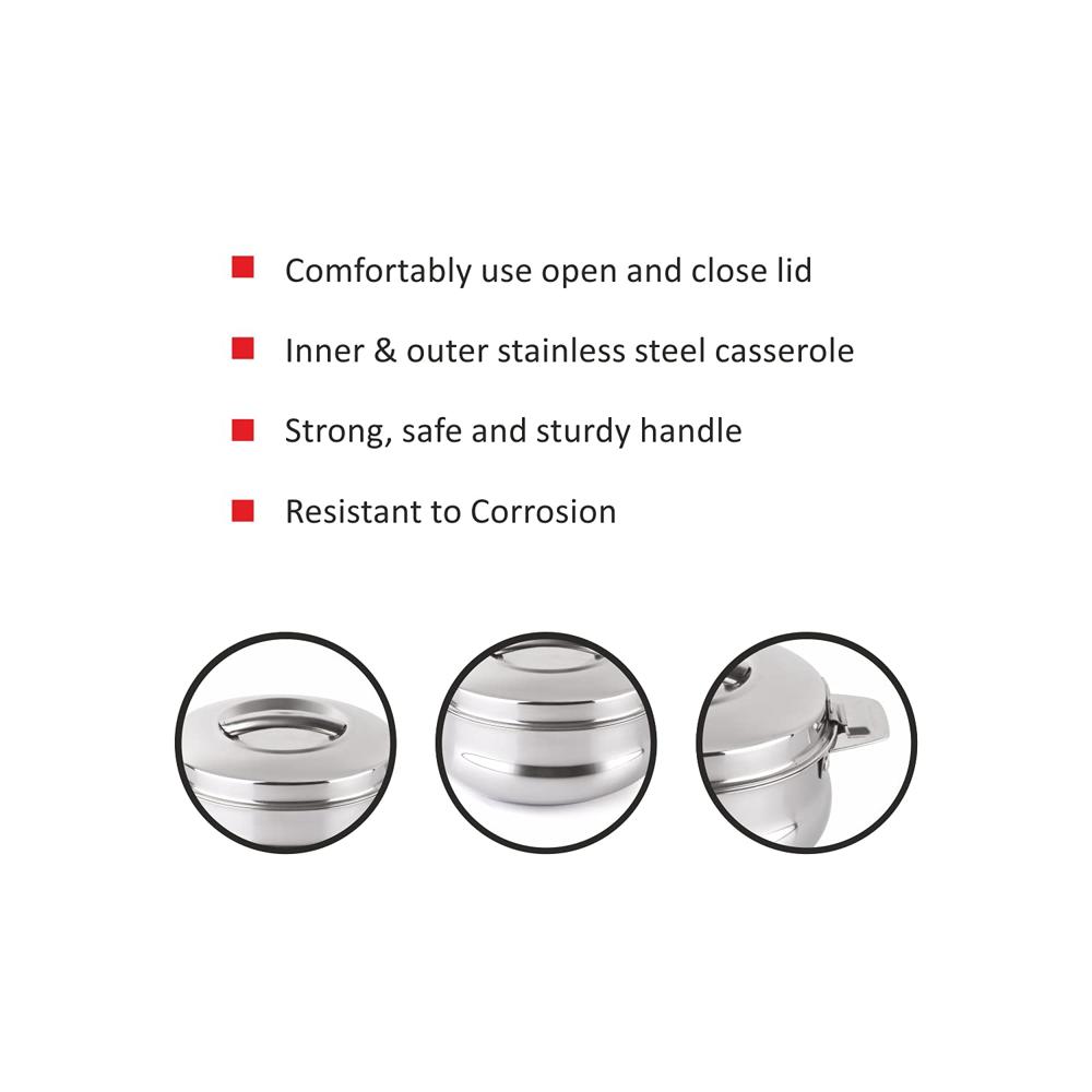CELLO Bella 2000 Insulated Stainless Steel Casserole Hot Pot Box for Daily Use 2000 ml Silver | Keeps Food Hot & Warms for Long Hours, Food Grade Double Wall PU Insulated Roti Rice Hot Pot Casserole