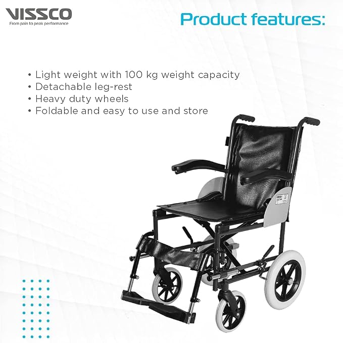 Vissco Imperio Wheelchair Institutional with 300mm Rear Wheels, Fixed Armrest, Foldable, Weight Bearing Capacity 100kg, Color (Blue/Grey)