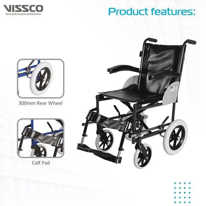 Vissco Imperio Wheelchair Institutional with 300mm Rear Wheels, Fixed Armrest, Foldable, Weight Bearing Capacity 100kg, Color (Blue/Grey)