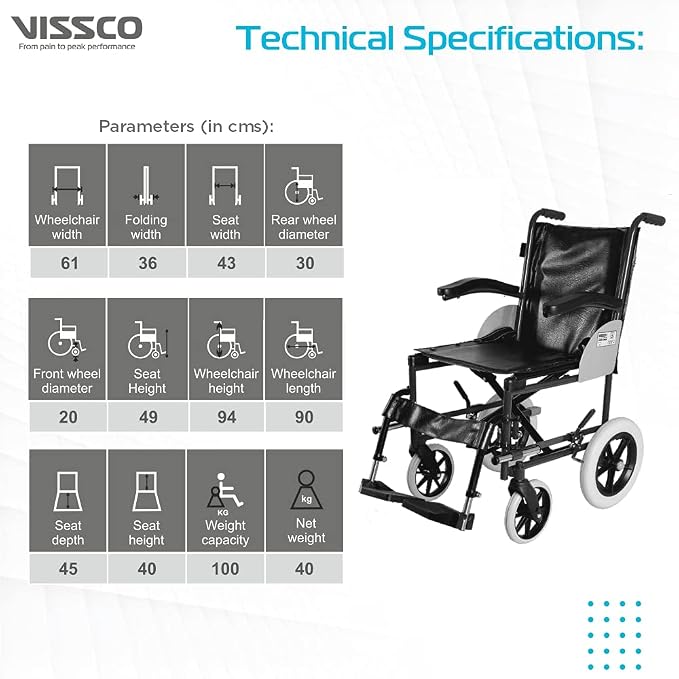 Vissco Imperio Wheelchair Institutional with 300mm Rear Wheels, Fixed Armrest, Foldable, Weight Bearing Capacity 100kg, Color (Blue/Grey)