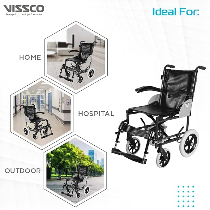 Vissco Imperio Wheelchair Institutional with 300mm Rear Wheels, Fixed Armrest, Foldable, Weight Bearing Capacity 100kg, Color (Blue/Grey)