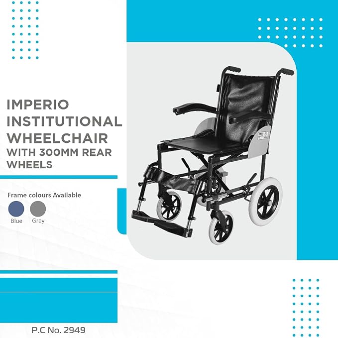 Vissco Imperio Wheelchair Institutional with 300mm Rear Wheels, Fixed Armrest, Foldable, Weight Bearing Capacity 100kg, Color (Blue/Grey)
