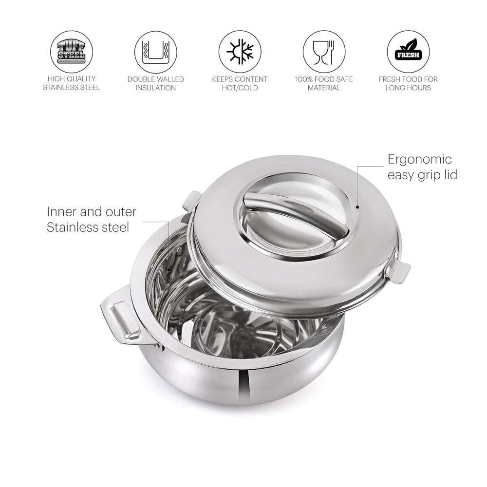 CELLO Bella 5000 Insulated Stainless Steel Casserole Hot Pot Box for Daily Use 5000 ml Silver | Keeps Food Hot & Warms for Long Hours, Food Grade Double Wall PU Insulated Roti Rice Hot Pot Casserole