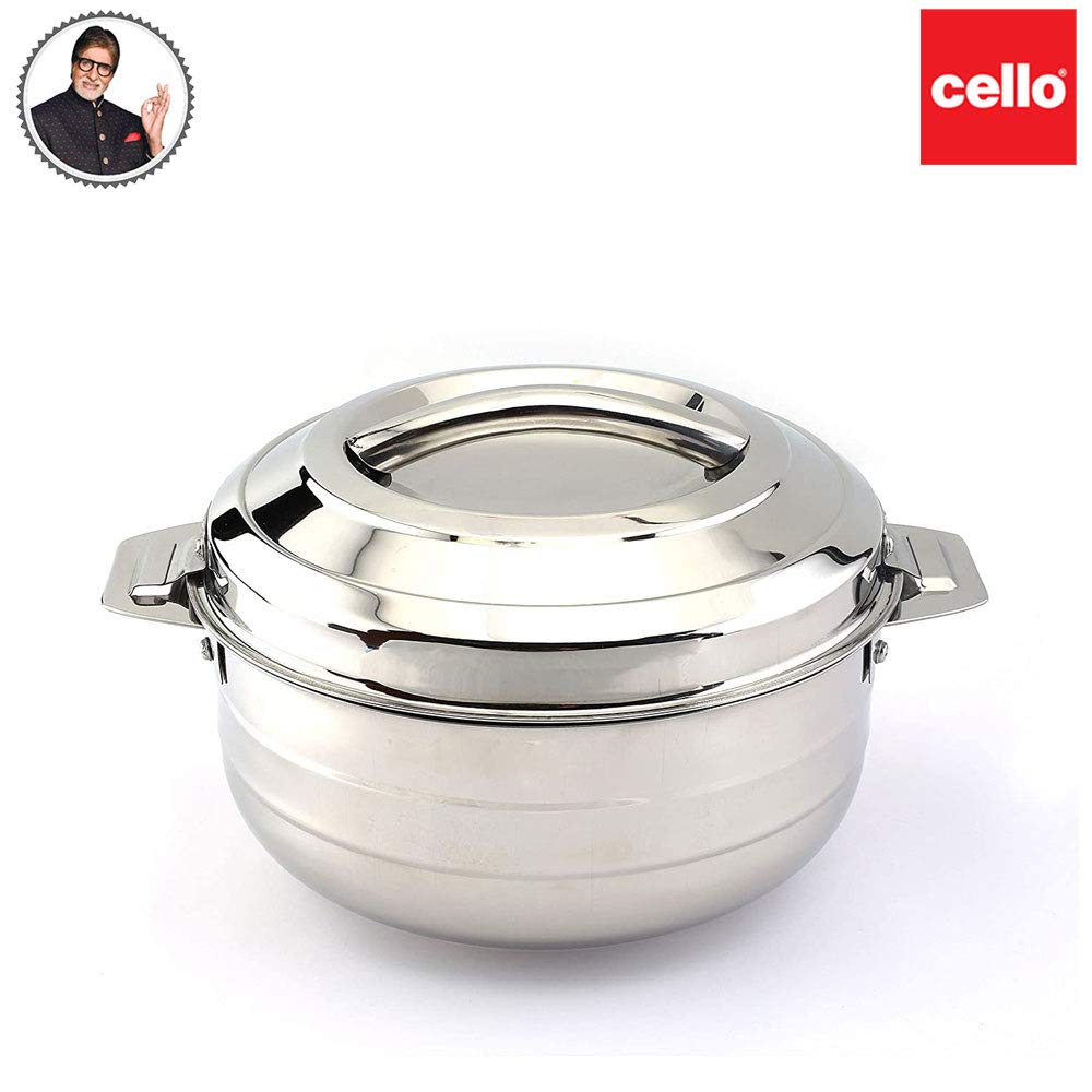 Cello Lumina Insulated Stainless Steel Casserole Hot Pot Box Case 3500 ml Silver | Double Wall PU Insulated Airtight Serving Casserole Hot Pot Case For Rice, Biryani | Hot Pot Roti Case For Kitchen