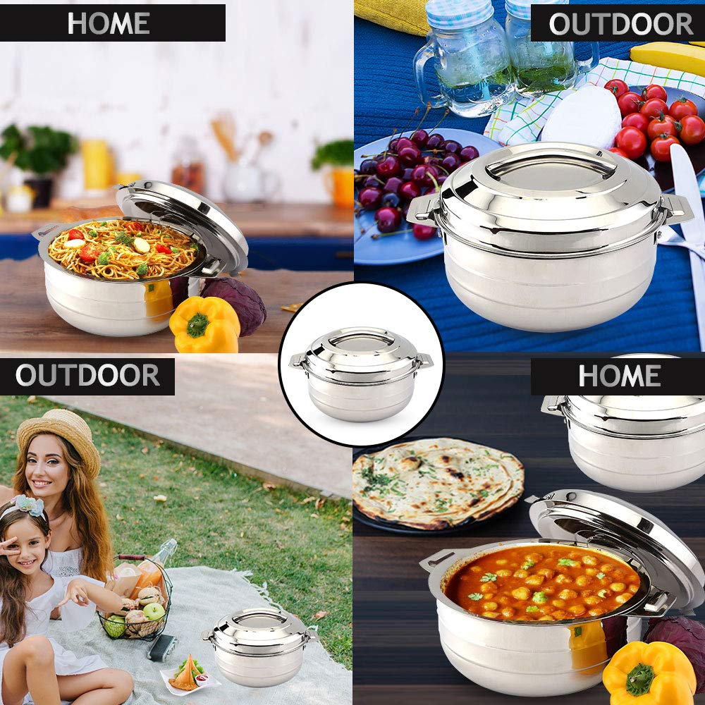 Cello Lumina Insulated Stainless Steel Casserole Hot Pot Box Case 3500 ml Silver | Double Wall PU Insulated Airtight Serving Casserole Hot Pot Case For Rice, Biryani | Hot Pot Roti Case For Kitchen