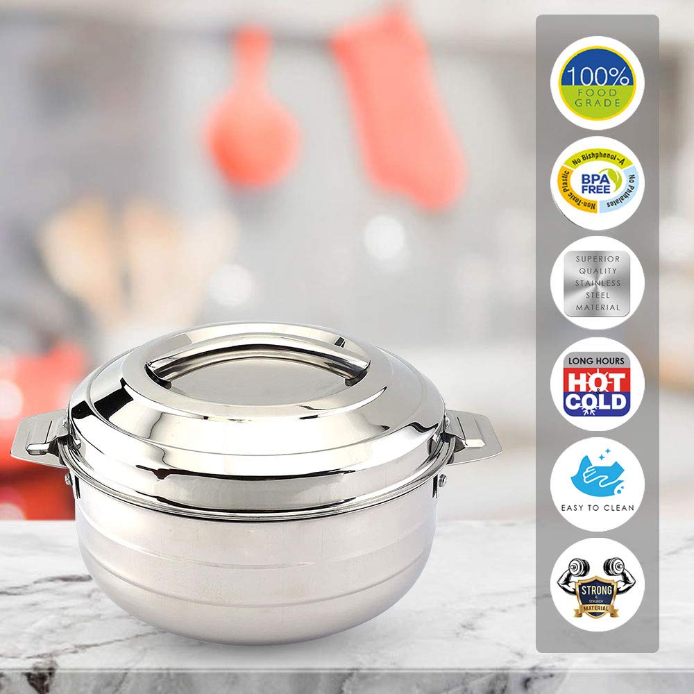 Cello Lumina Insulated Stainless Steel Casserole Hot Pot Box Case 5000 ml Silver | Double Wall PU Insulated Airtight Serving Casserole Hot Pot Case For Rice, Biryani | Hot Pot Roti Case For Kitchen