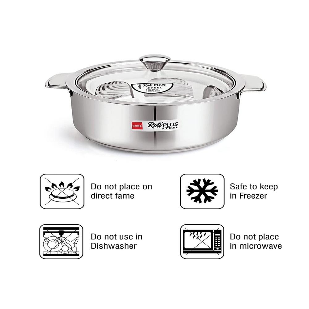 Cello Roti Plus Insulated Stainless Steel Casserole Hot Pot Case Box with Glass Lid, 1000ml, Silver | Double Wall PU Insulated, Inner Drip Tray Casserole Hot Pot For Roti Chapathi |Hot Pot For Kitchen