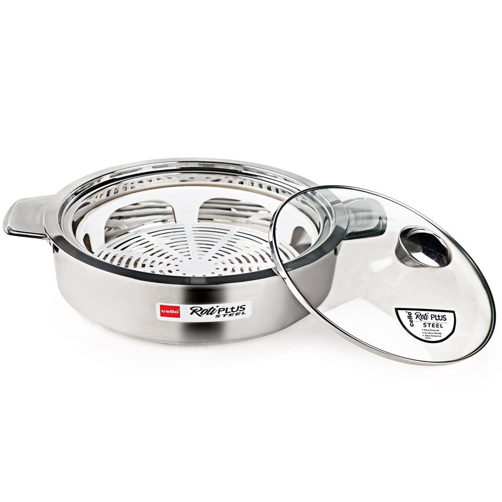 Cello Roti Plus Insulated Stainless Steel Casserole Hot Pot Case Box with Glass Lid, 1000ml, Silver | Double Wall PU Insulated, Inner Drip Tray Casserole Hot Pot For Roti Chapathi |Hot Pot For Kitchen