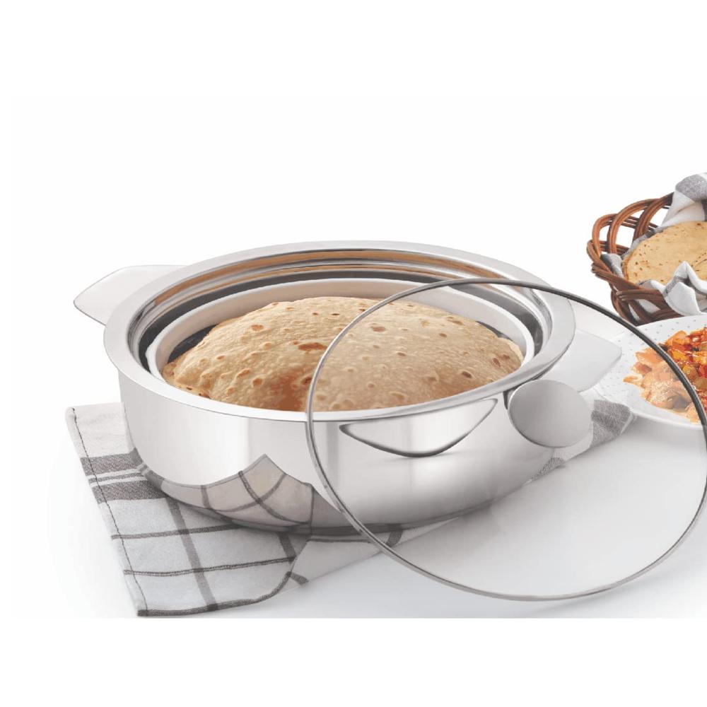 Cello Roti Plus Insulated Stainless Steel Casserole Hot Pot Case Box with Glass Lid, 1000ml, Silver | Double Wall PU Insulated, Inner Drip Tray Casserole Hot Pot For Roti Chapathi |Hot Pot For Kitchen