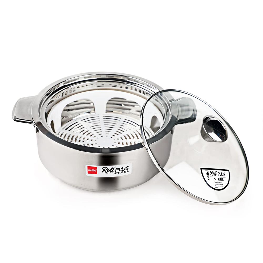 Cello Roti Plus Insulated Stainless Steel Casserole Hot Pot Case Box with Glass Lid, 2500ml, Silver | Double Wall Insulated, Inner Drip Tray Casserole For Roti | Hot Pot Roti Case For Kitchen