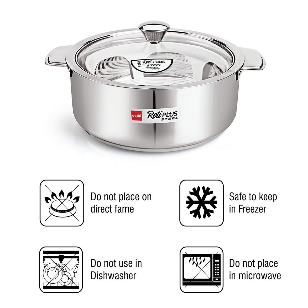 Cello Roti Plus Insulated Stainless Steel Casserole Hot Pot Case Box with Glass Lid, 2500ml, Silver | Double Wall Insulated, Inner Drip Tray Casserole For Roti | Hot Pot Roti Case For Kitchen