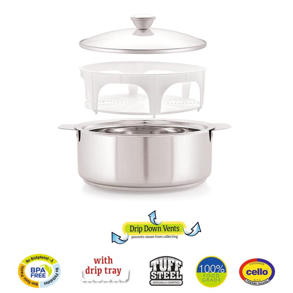 Cello Roti Plus Insulated Stainless Steel Casserole Hot Pot Case Box with Glass Lid, 2500ml, Silver | Double Wall Insulated, Inner Drip Tray Casserole For Roti | Hot Pot Roti Case For Kitchen