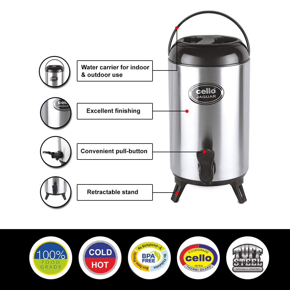 Cello Jaguar Stainless Steel Double Walled Water Jug, Hot and Cold, 4000ml, 1 Unit, Black