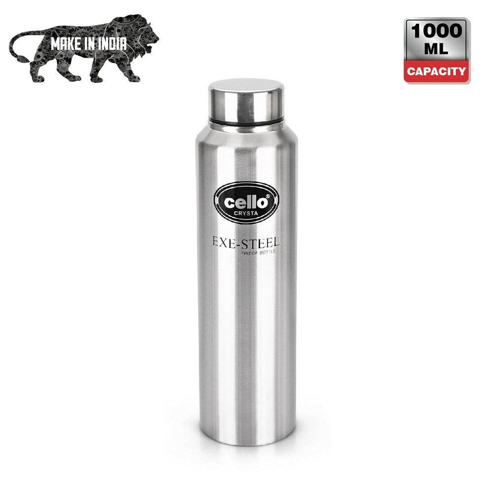 Cello Crysta Stainless Steel Bottle | Tough & Trendy | Lid is Sealed by a Silicone Ring | Best Usage: Office/School/College/Gym/Picnic/Home/Fridge | 1000ml | Silver,