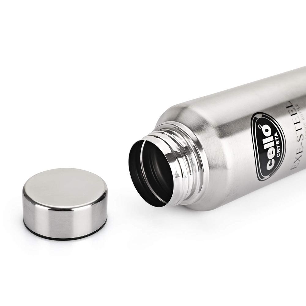 Cello Crysta Stainless Steel Bottle | Tough & Trendy | Lid is Sealed by a Silicone Ring | Best Usage: Office/School/College/Gym/Picnic/Home/Fridge | 1000ml | Silver,