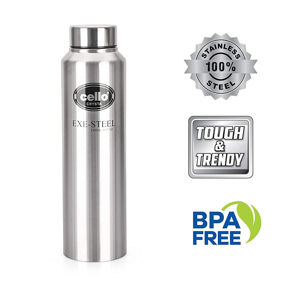 Cello Crysta Stainless Steel Bottle | Tough & Trendy | Lid is Sealed by a Silicone Ring | Best Usage: Office/School/College/Gym/Picnic/Home/Fridge | 1000ml | Silver,