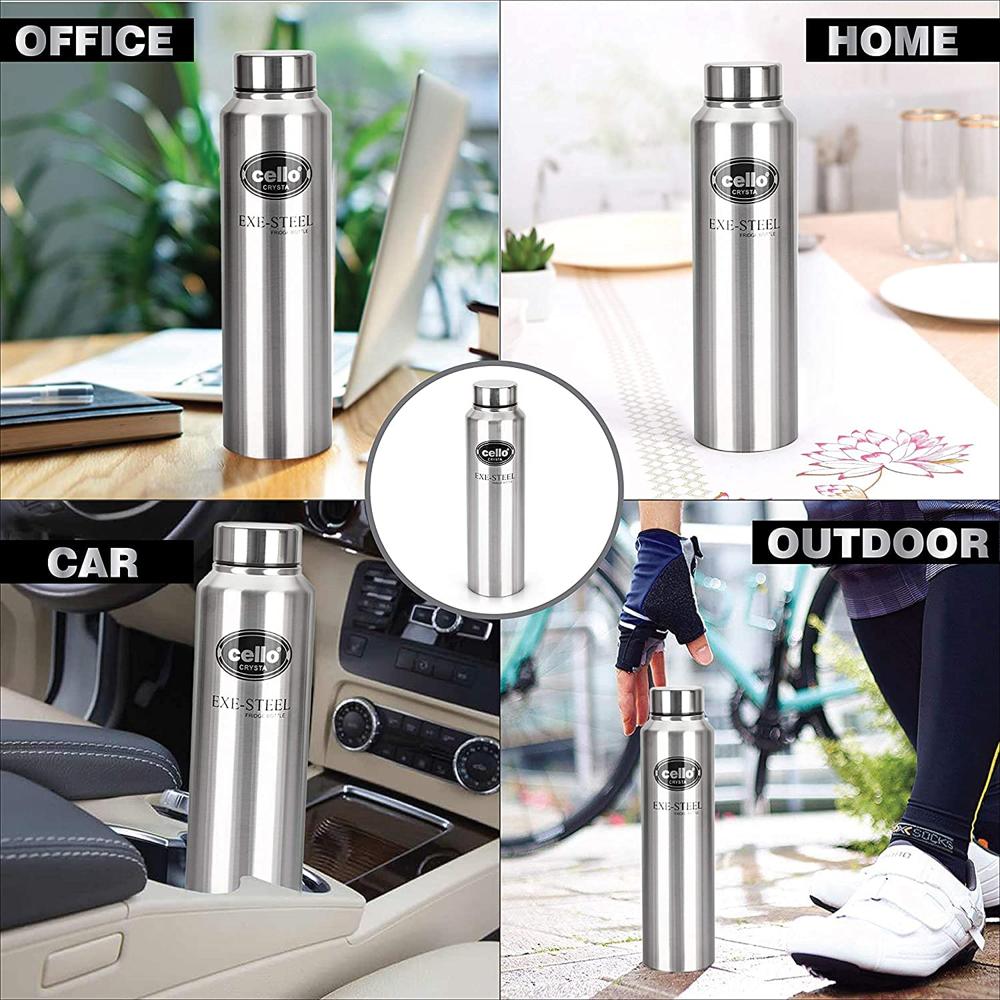 Cello Crysta Stainless Steel Bottle | Tough & Trendy | Lid is Sealed by a Silicone Ring | Best Usage: Office/School/College/Gym/Picnic/Home/Fridge | 1000ml | Silver,