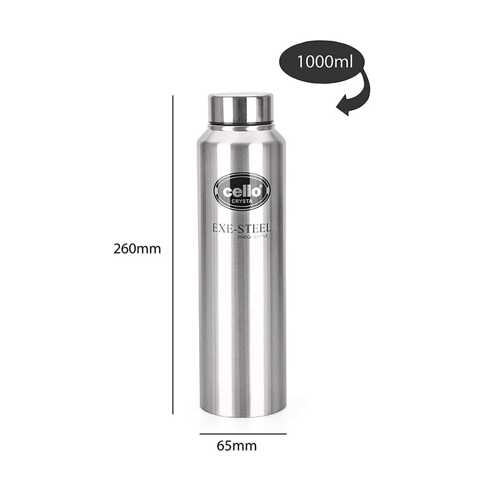 Cello Crysta Stainless Steel Bottle | Tough & Trendy | Lid is Sealed by a Silicone Ring | Best Usage: Office/School/College/Gym/Picnic/Home/Fridge | 1000ml | Silver,