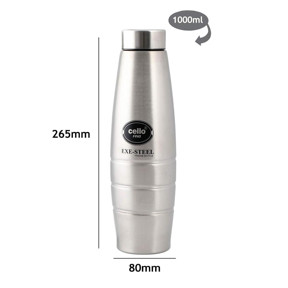 CELLO Fino Stainless Steel Bottle | Lid is Sealed by a Silicone Ring | Best Usage: Office/School/College/Gym/Picnic/Home/Fridge | 1000ml, Silver