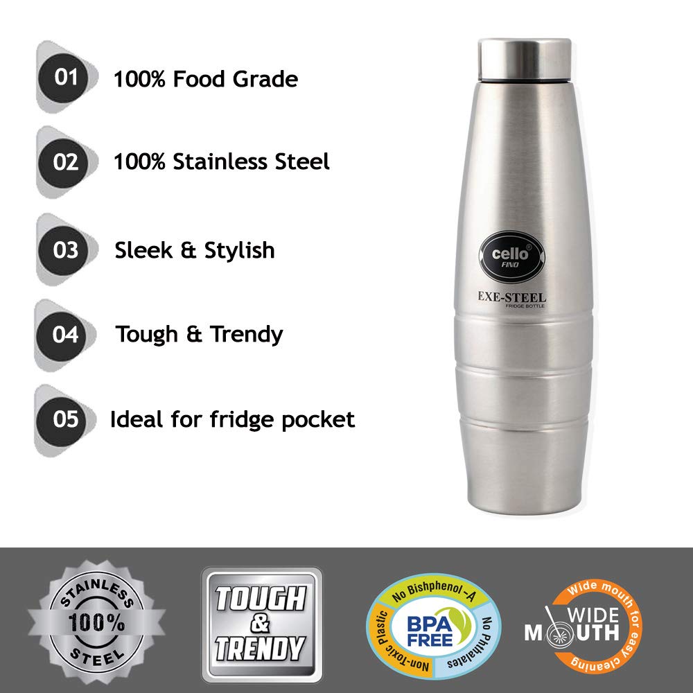 CELLO Fino Stainless Steel Bottle | Lid is Sealed by a Silicone Ring | Best Usage: Office/School/College/Gym/Picnic/Home/Fridge | 1000ml, Silver